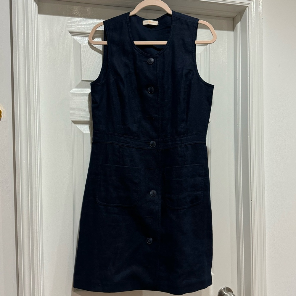 GUC TORY BURCH LINEN NAVY MIDI DRESS IN SIZE  MEDIUM